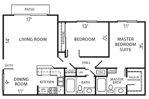 Floor plan for 2 beds, 2 baths, 1020 sqft
